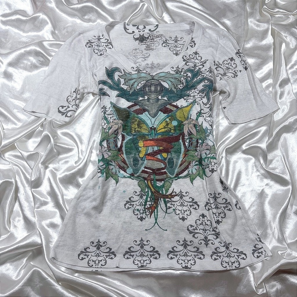 y2k Raw 7 Thermal Top White Good Butterfly Knight Graphic V-Neck Tee